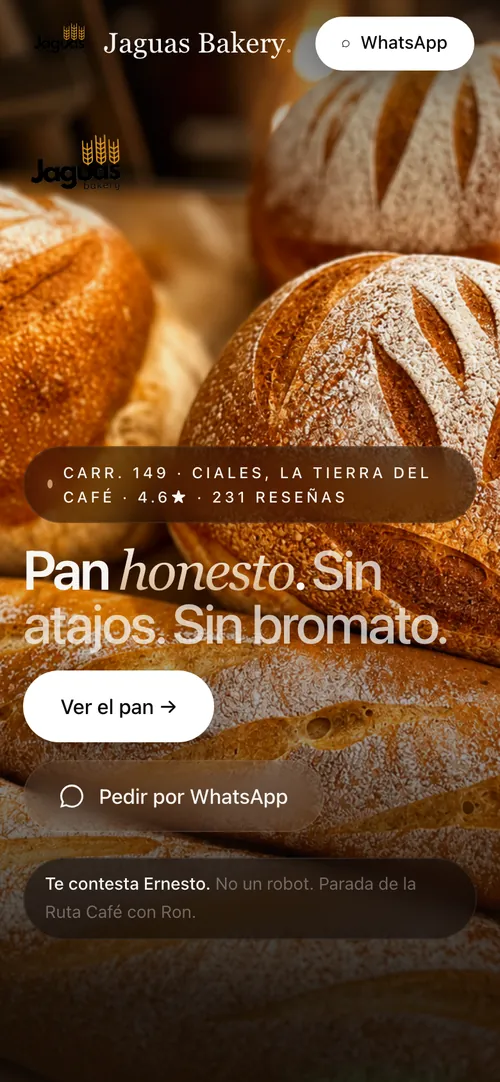 Portada del sitio de Jaguas Bakery vista en un teléfono